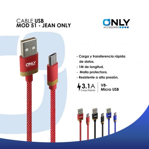 CABLE USB MOD 51 - JEAN ONLY - V8 - ROJO - Imagen 4