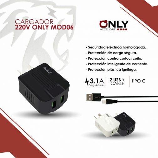 CARGADOR 220V ONLY MOD06 - 2 USB + CABLE TC - NEGRO - Imagen 4