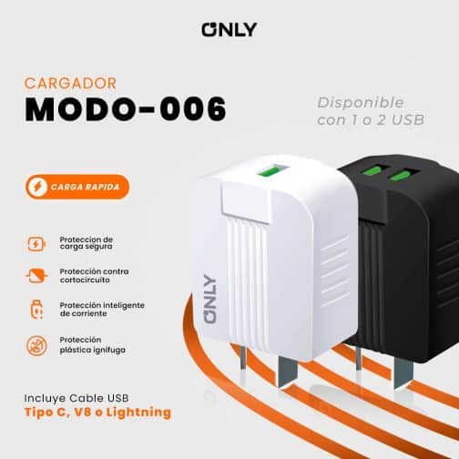 CARGADOR 220V MODO-006 - 1USB + CABLE V8 - ONLY - BLANCO - Imagen 2