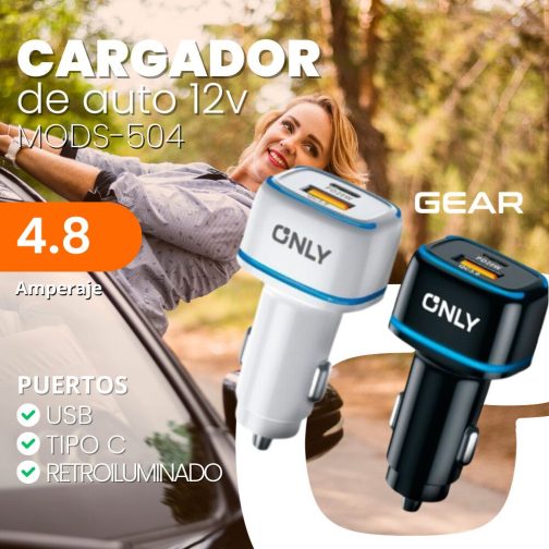 CARGADOR 12V GEAR MODS-504 - 1 USB + 1 TC + CABLE TIPO C - ONLY - BLANCO - Imagen 3